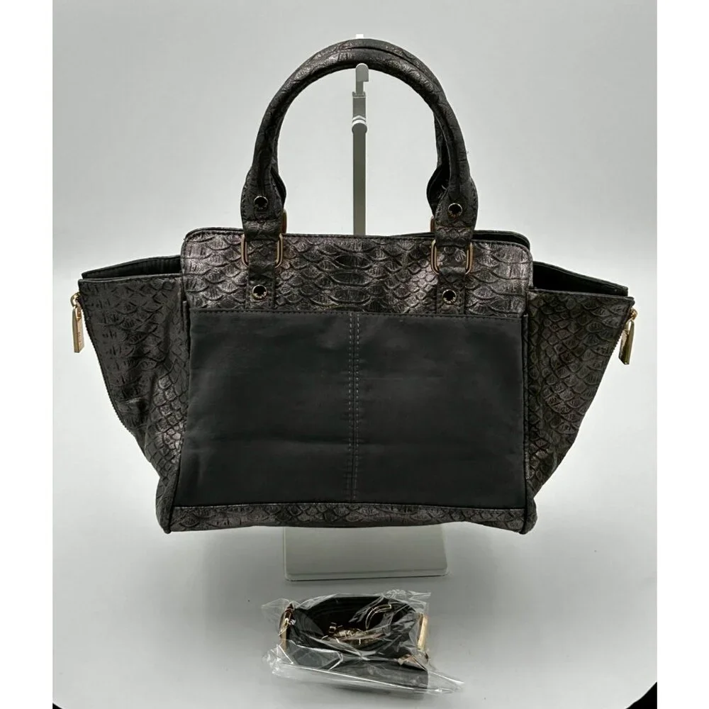 Deux Lux Satchel Tote Women Gray Faux Leather Croc Embossed Metallic Chain Strap